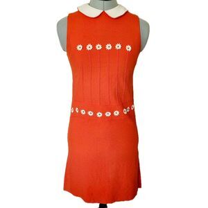 RARE Vintage 60s SHUBETTE OF LONDON Orange Crepe Daisy Mod Mini Dress, Sz 00 / 0